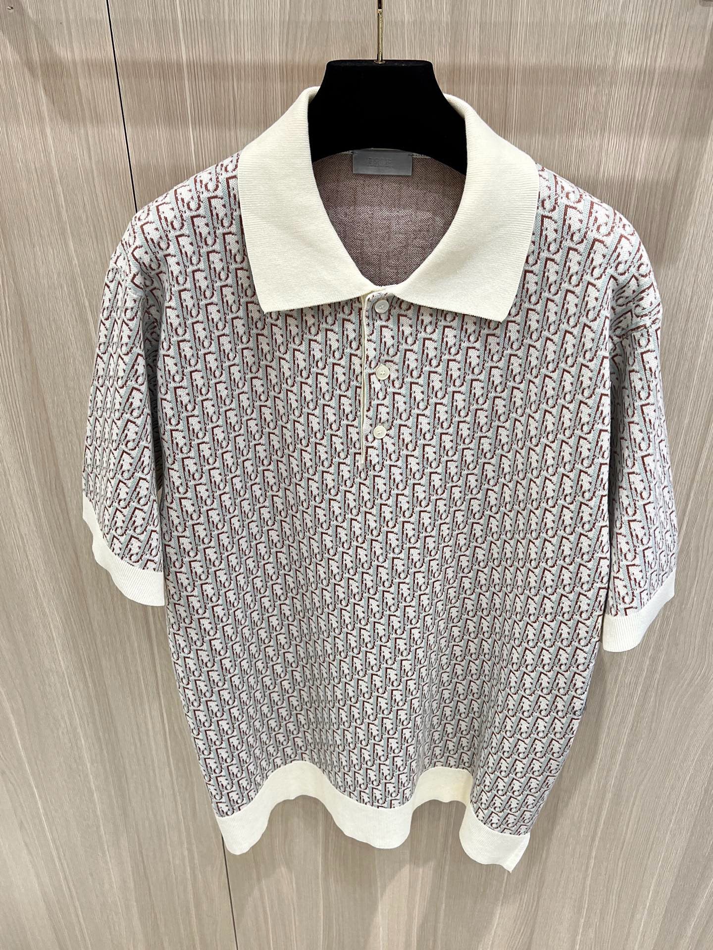 S2025 Dior Oblique Polo Shirt (White, Blue and Brown Cotton Jacquard)