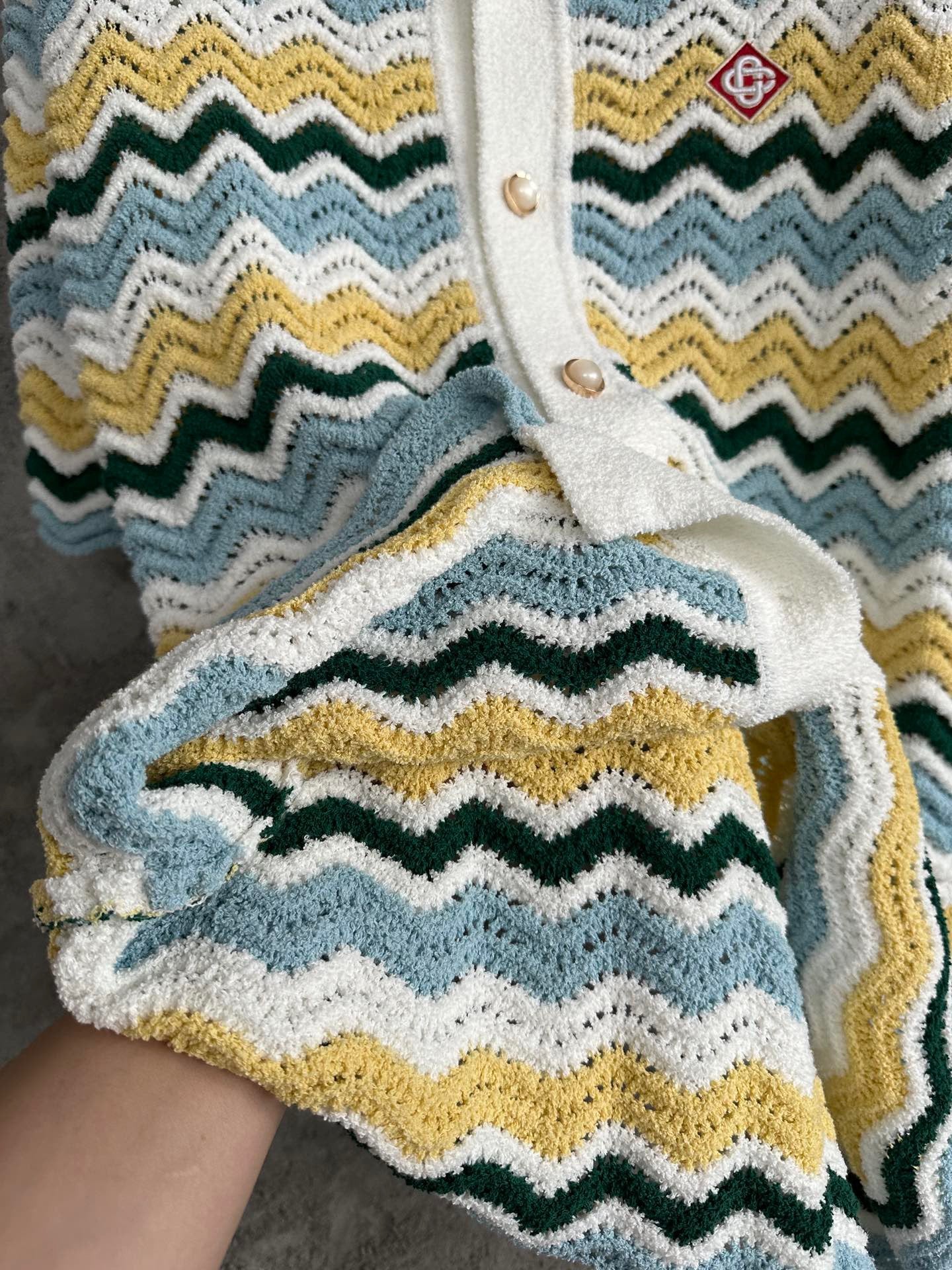 CASABLANCA WAVY BOUCLE BLUE AND YELLOW CROCHET SHIRTS