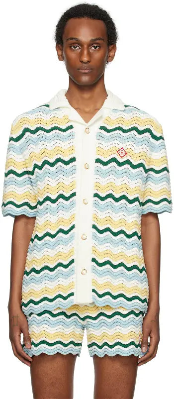 CASABLANCA WAVY BOUCLE BLUE AND YELLOW CROCHET SHIRTS