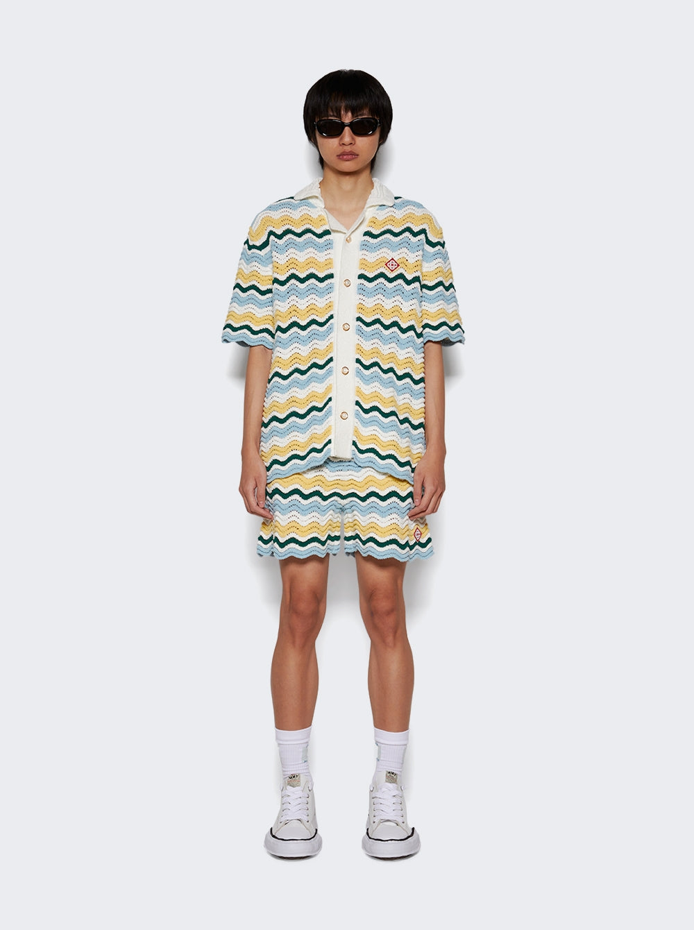 CASABLANCA WAVY BOUCLE BLUE AND YELLOW CROCHET SHIRTS
