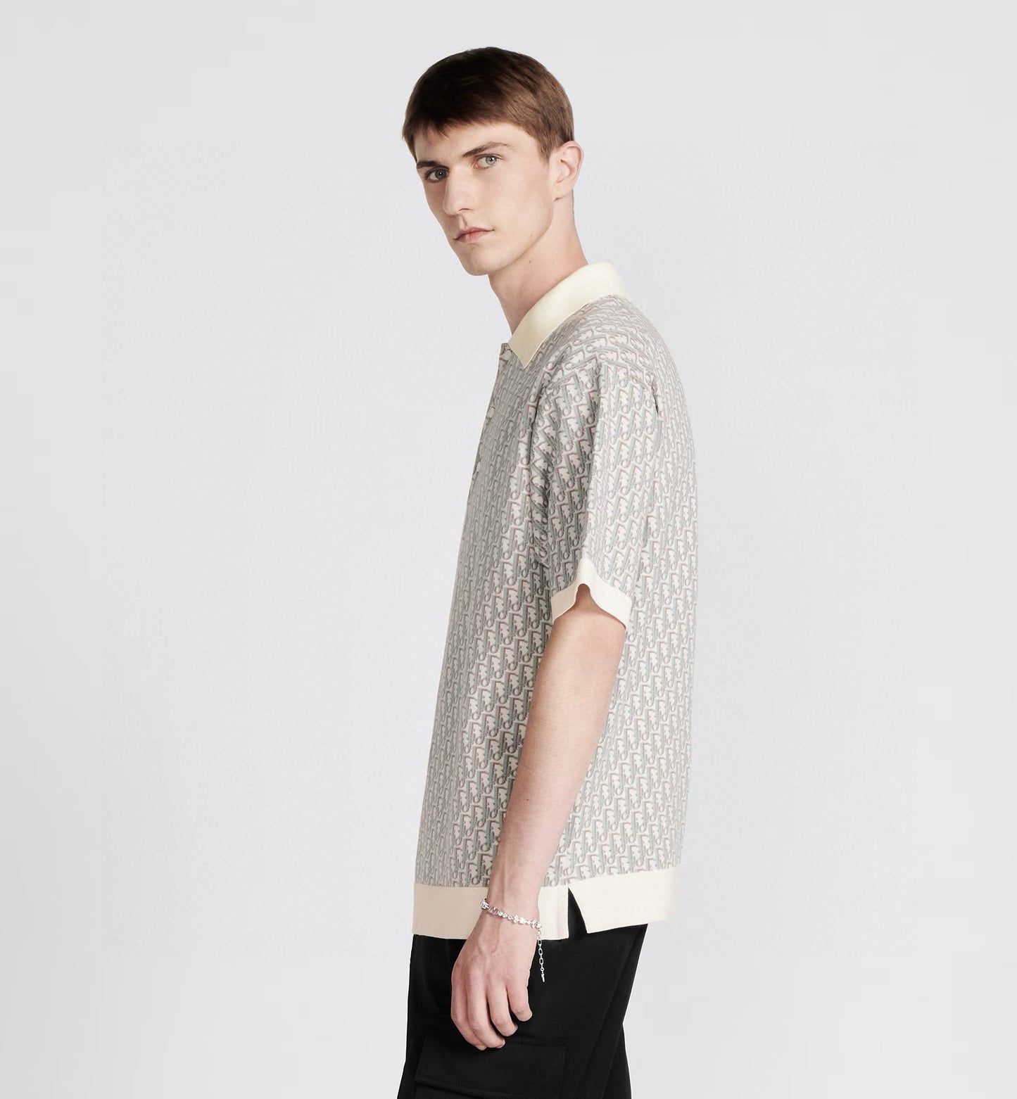S2025 Dior Oblique Polo Shirt (White, Blue and Brown Cotton Jacquard)