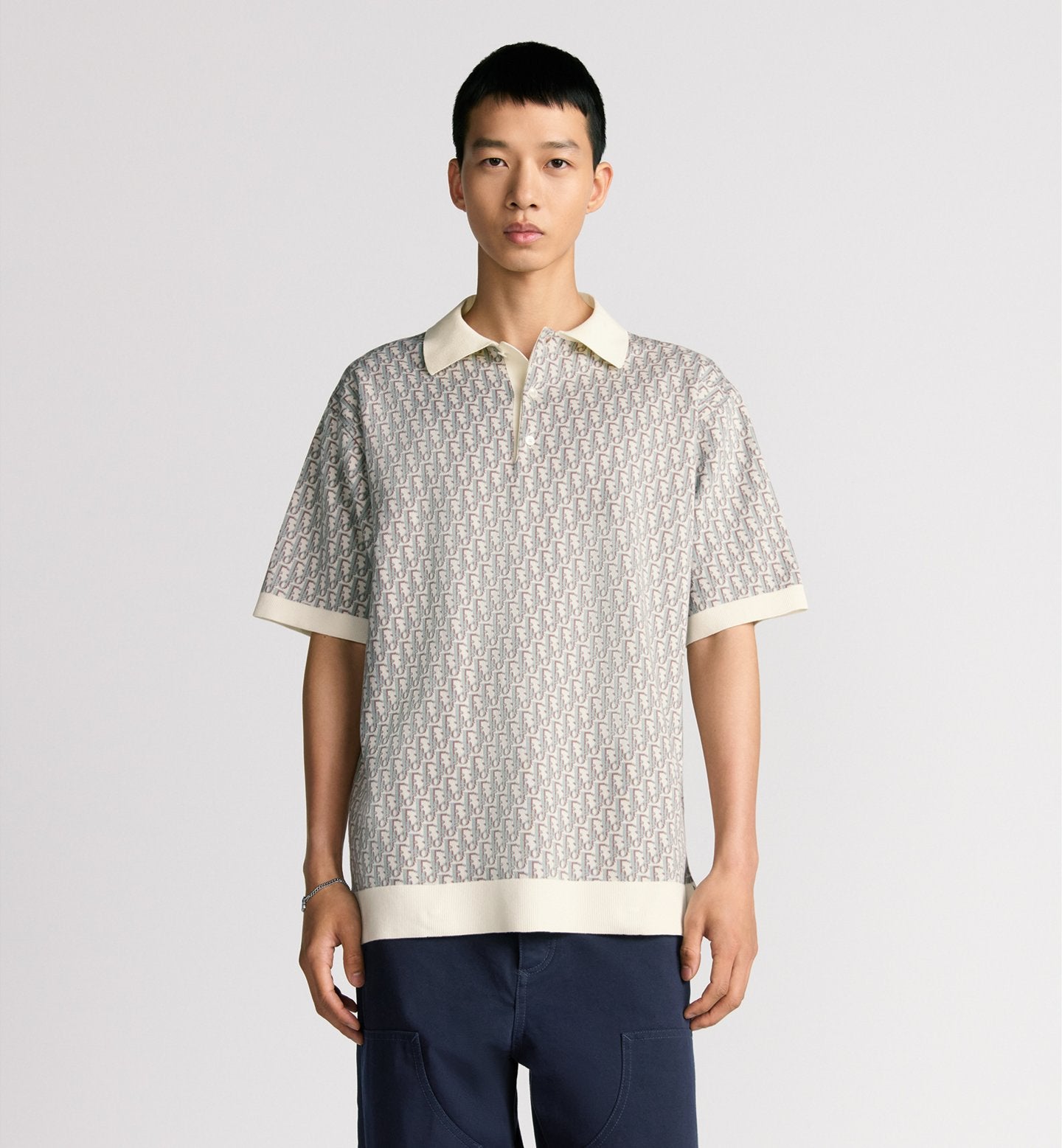 S2025 Dior Oblique Polo Shirt (White, Blue and Brown Cotton Jacquard)