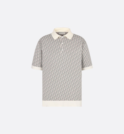 S2025 Dior Oblique Polo Shirt (White, Blue and Brown Cotton Jacquard)