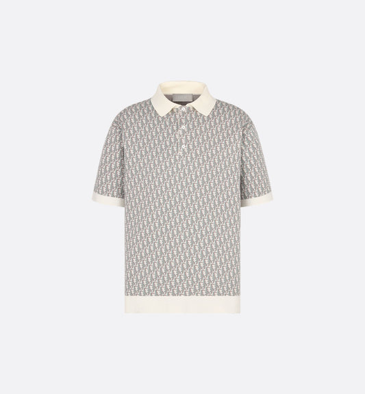 S2025 Dior Oblique Polo Shirt (White, Blue and Brown Cotton Jacquard)