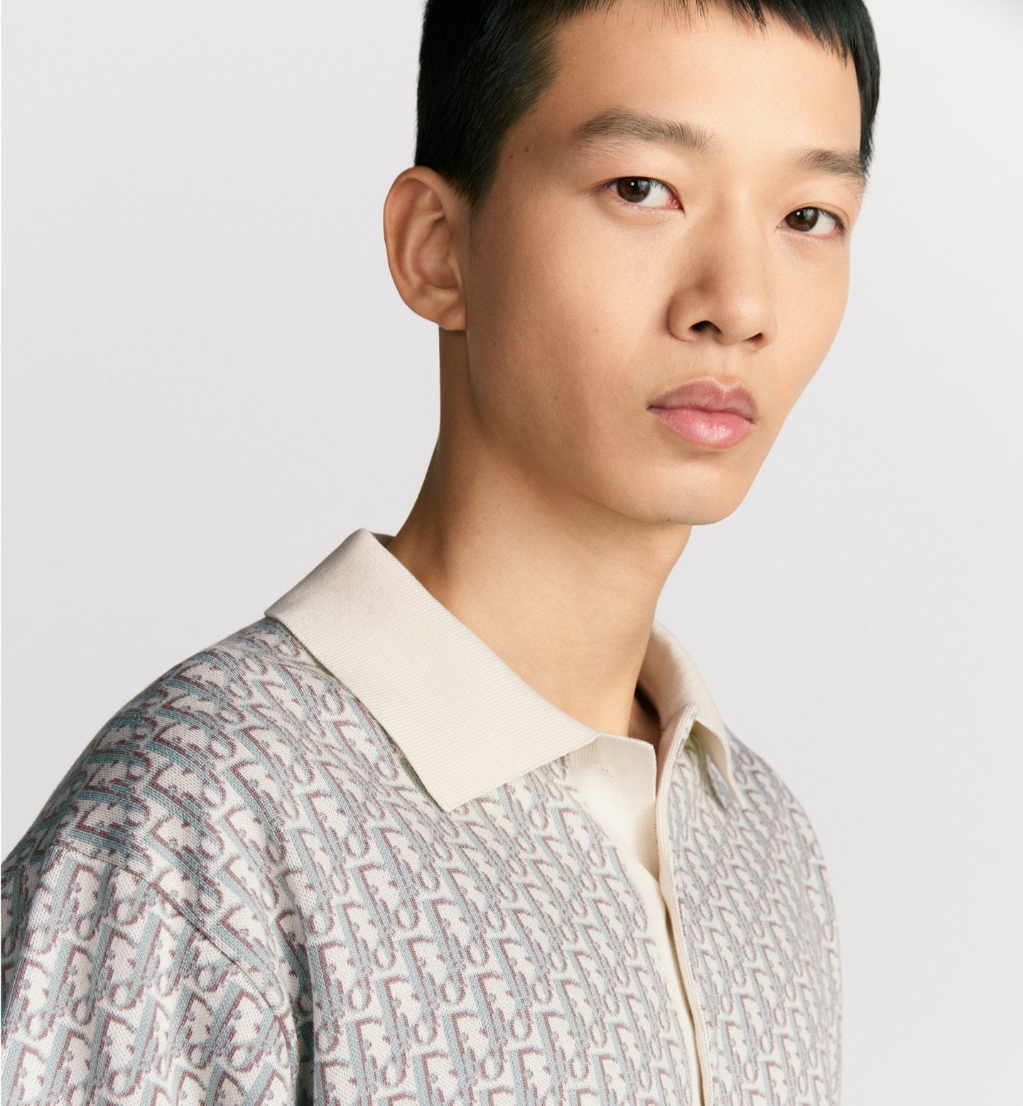 S2025 Dior Oblique Polo Shirt (White, Blue and Brown Cotton Jacquard)