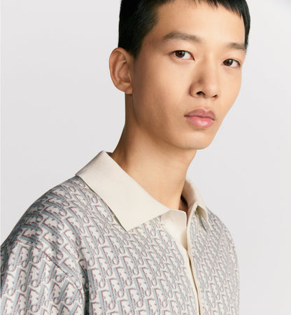 S2025 Dior Oblique Polo Shirt (White, Blue and Brown Cotton Jacquard)
