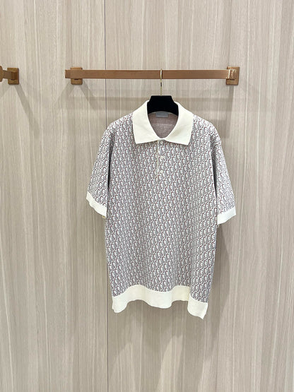 S2025 Dior Oblique Polo Shirt (White, Blue and Brown Cotton Jacquard)