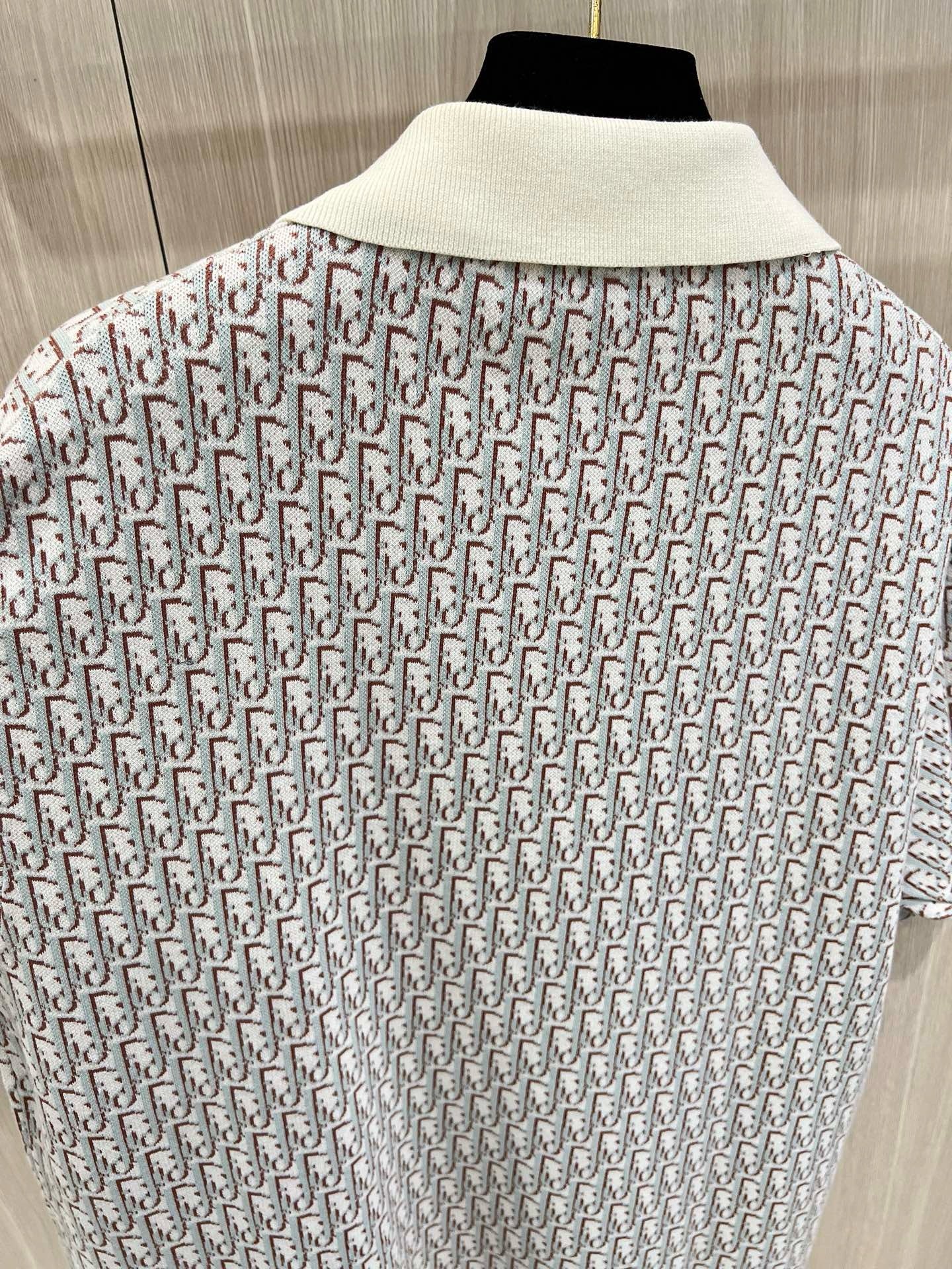 S2025 Dior Oblique Polo Shirt (White, Blue and Brown Cotton Jacquard)