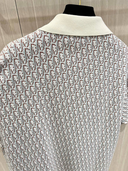 S2025 Dior Oblique Polo Shirt (White, Blue and Brown Cotton Jacquard)