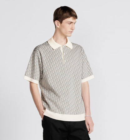 S2025 Dior Oblique Polo Shirt (White, Blue and Brown Cotton Jacquard)