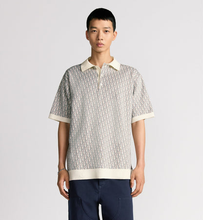 S2025 Dior Oblique Polo Shirt (White, Blue and Brown Cotton Jacquard)