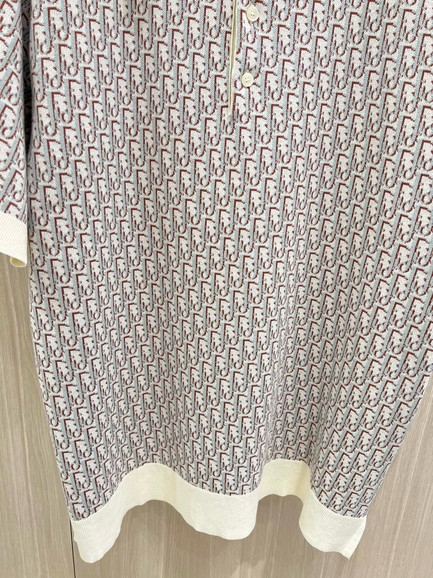 S2025 Dior Oblique Polo Shirt (White, Blue and Brown Cotton Jacquard)