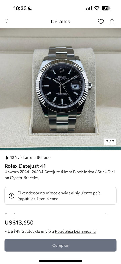 Rolex Datejust 41mm Black Index / Stick Dial on Oyster Bracelet