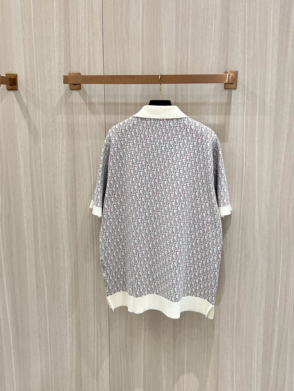 S2025 Dior Oblique Polo Shirt (White, Blue and Brown Cotton Jacquard)