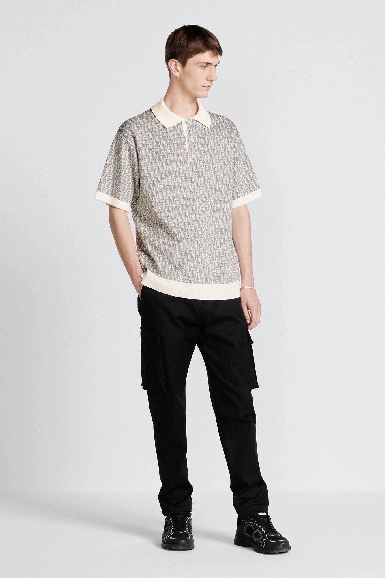 S2025 Dior Oblique Polo Shirt (White, Blue and Brown Cotton Jacquard)