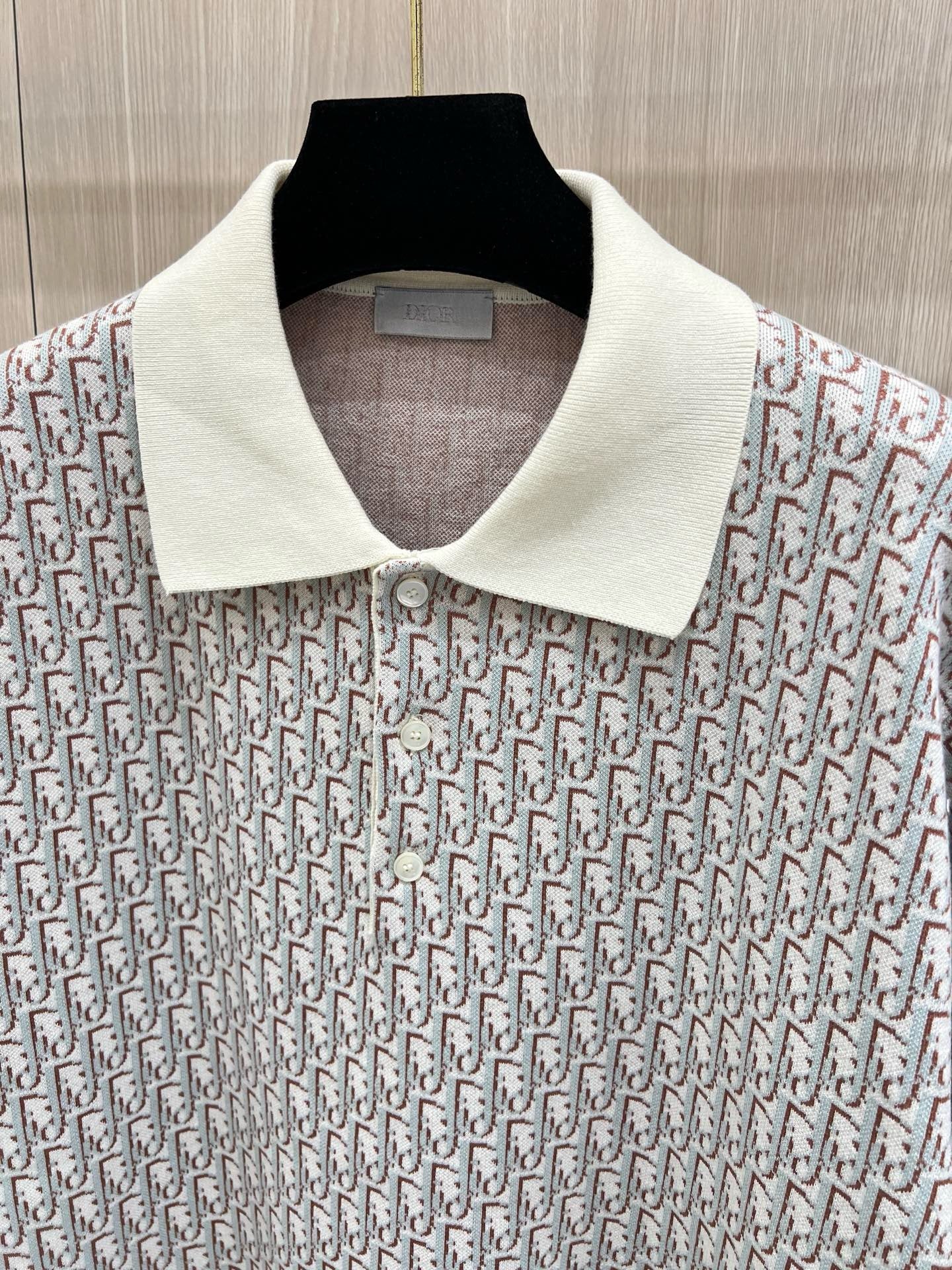 S2025 Dior Oblique Polo Shirt (White, Blue and Brown Cotton Jacquard)