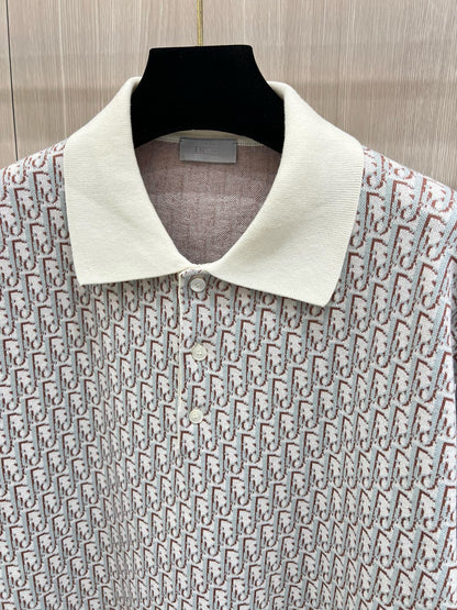 S2025 Dior Oblique Polo Shirt (White, Blue and Brown Cotton Jacquard)